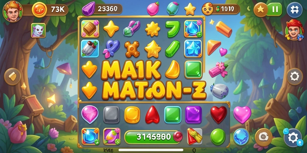 Screenshot gameplay menunjukkan aksi seru mencocokkan permata dalam 73K.