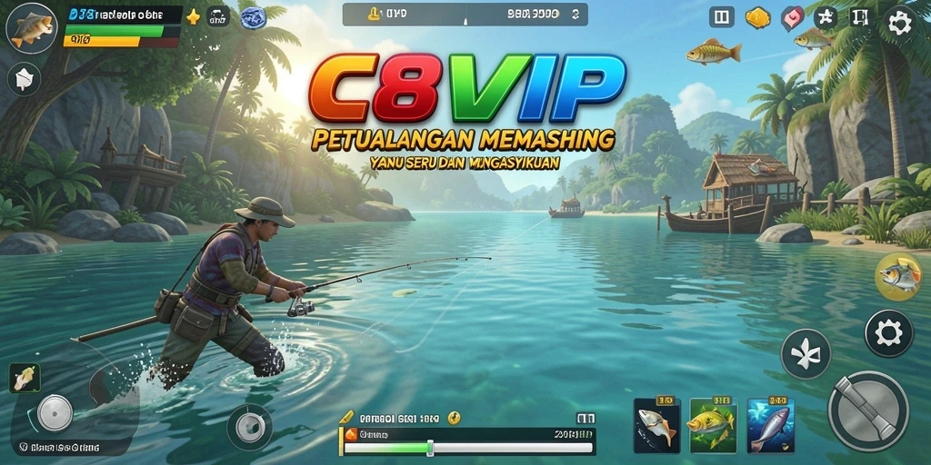 Screenshot C8VIP menampilkan aksi seru memancing dengan berbagai ikan.