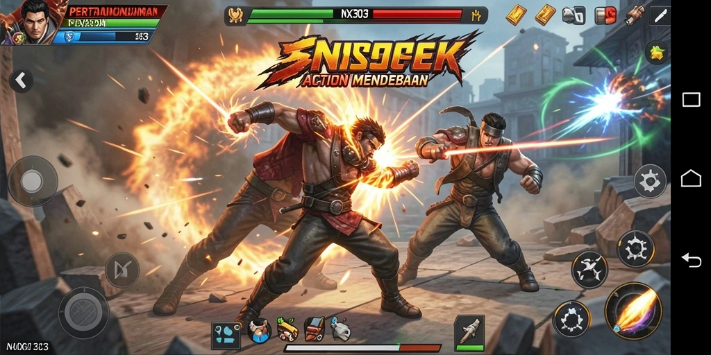 Screenshot gameplay NX303 menampilkan aksi pertarungan yang intens.